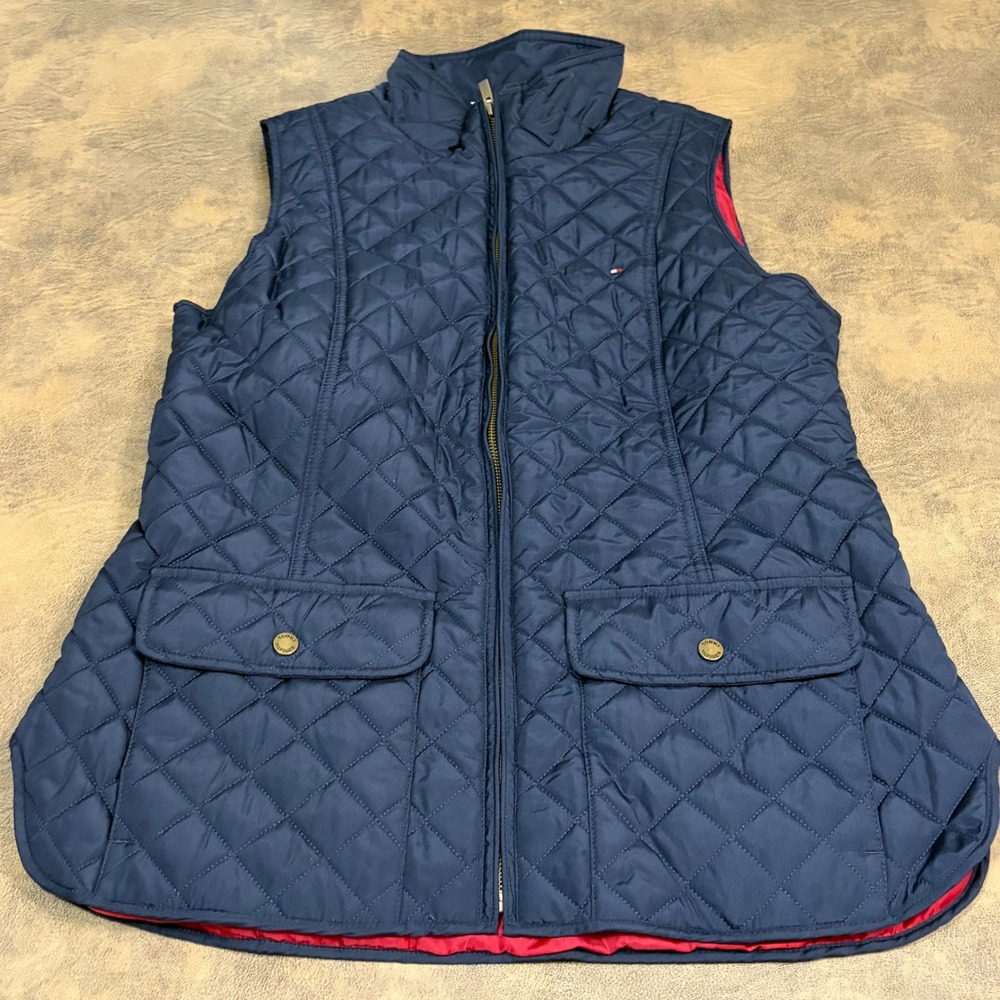 Tommy Hilfiger Quilted Vest Womens Large Navy Blue Full Zip Pockets TJJLKW150